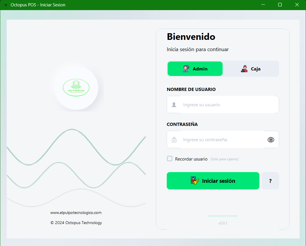 Octopus POS - Pantalla de inicio de sesión